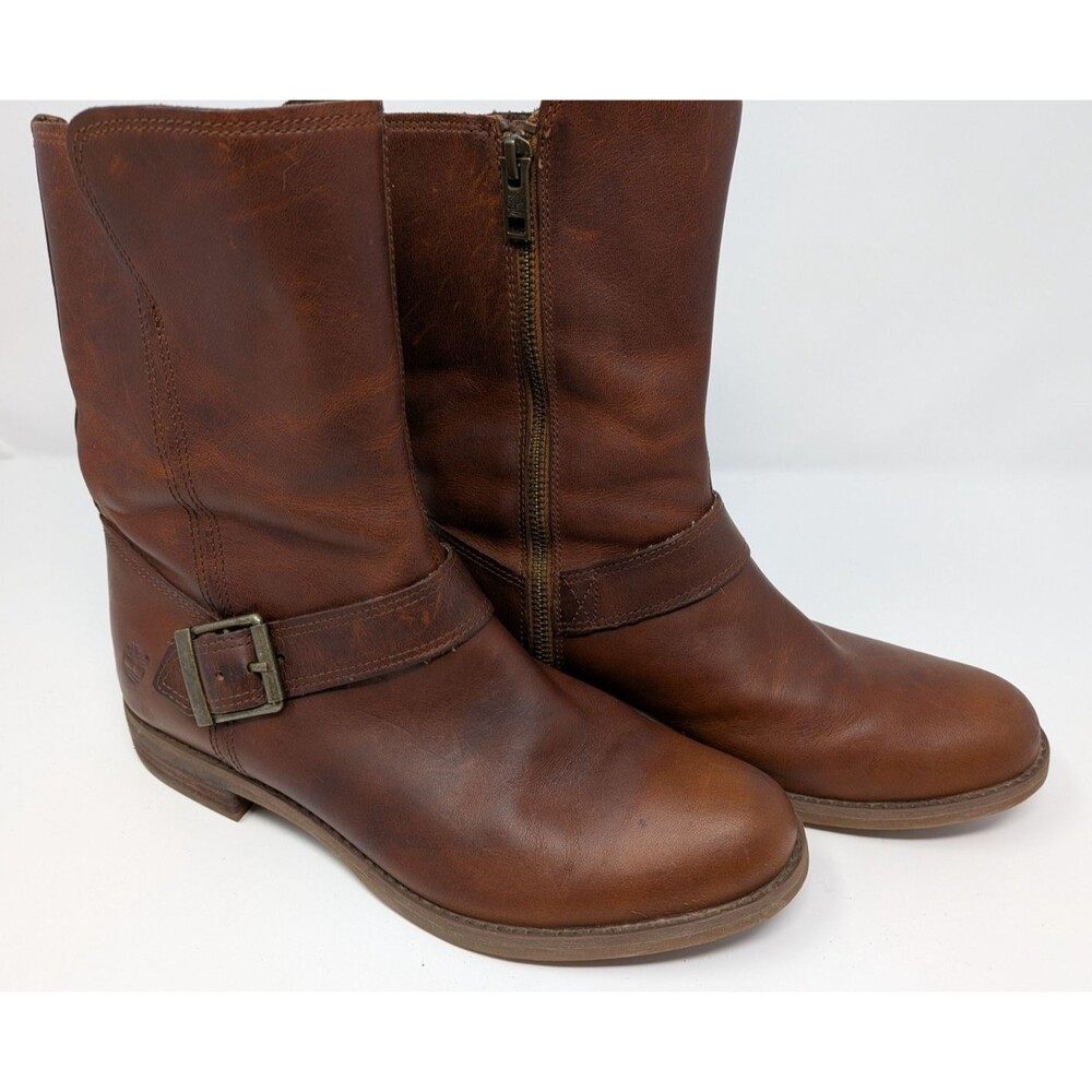 Timberland Women's Leather Moto Engineer Biker Boot Brown Size 9 Buckle Side Zip
